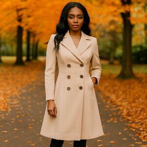 Double Breasted Long Cream Coat Size Medium Pockets and kick pleat